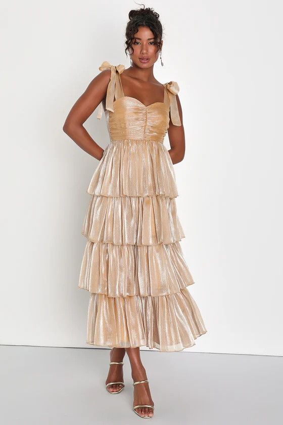 Radiant Arrival Shiny Gold Organza Tiered Tie-Strap Maxi Dress Fall Wedding Guest Gown Gold Gown  | Lulus (US)
