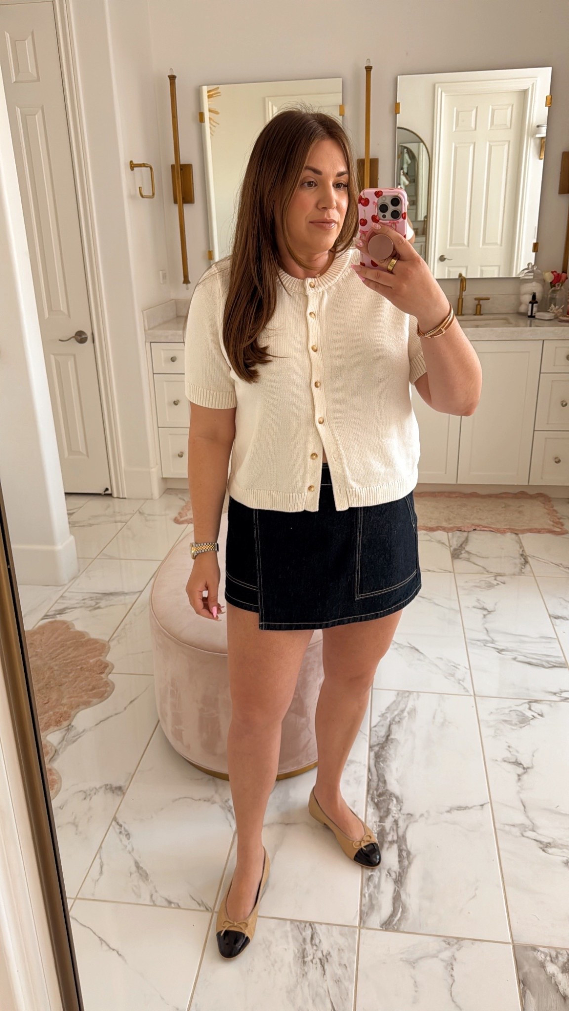 curvy midsize spring outfit! wearing size large in cream cardigan and size 32 in denim wrap skirt 

#LTKMidsize #LTKFindsUnder100 #LTKSpringSale