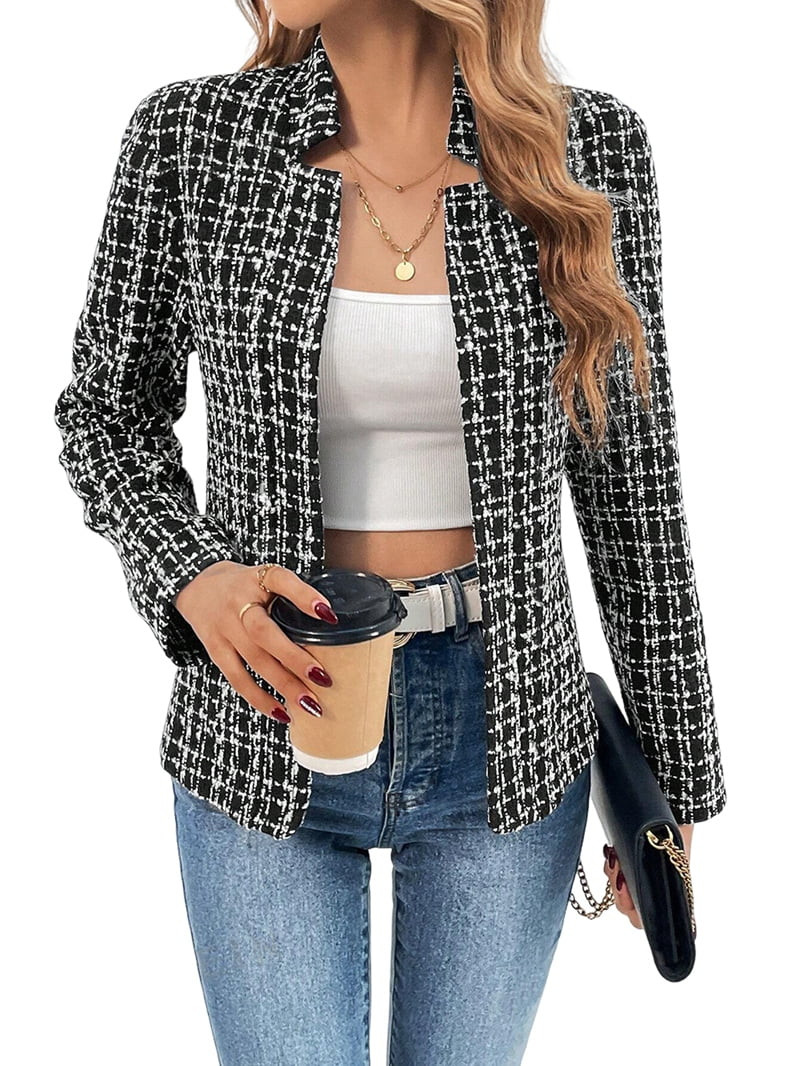 Women'S Plaid Blazer Jacket Warm Open Front Stand Collar Fully Lined Casual Fashion Work Coat Bla... | Walmart (US)