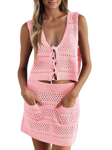 Saodimallsu Womens Crochet Swim Cover Up 2 Piece V Neck Sleeveless Front Tie Crop Tops Beach Mini Skirt Coverup Set Pink | Amazon (US)