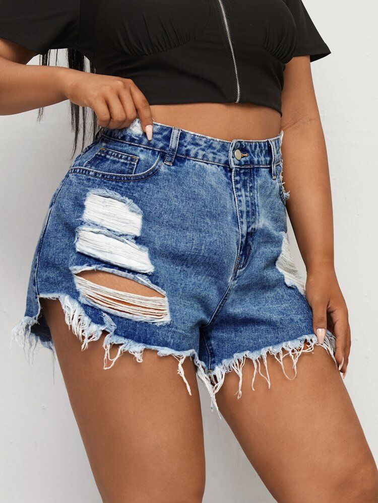 Plus Ripped Raw Cut Denim Shorts | SHEIN