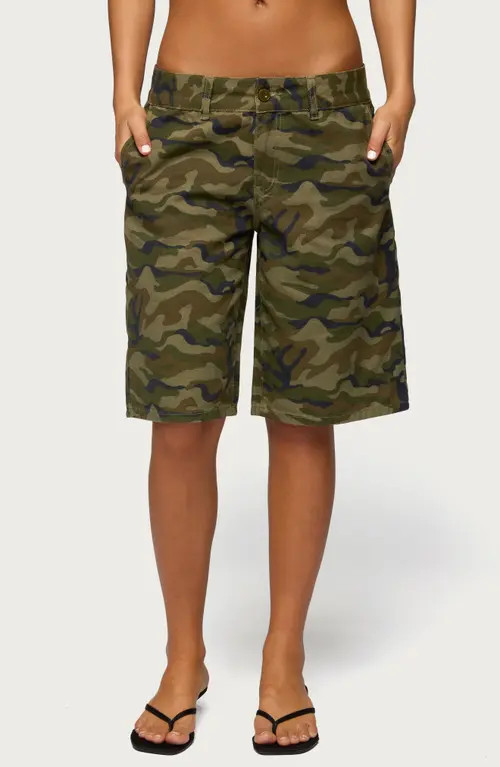 EDIKTED Camo Print Denim Bermuda Shorts in Olive at Nordstrom, Size Small | Nordstrom