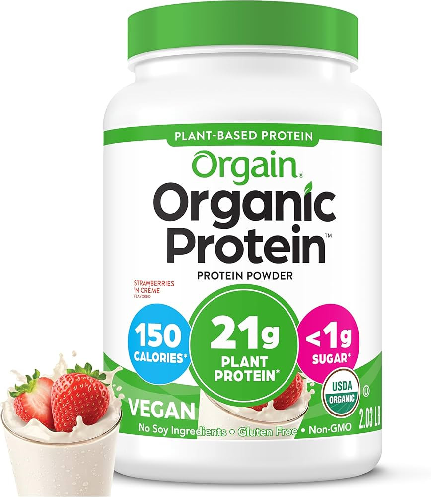 Orgain Organic Vegan Protein Powder, Strawberries & Cream - 21g Plant Based Protein, 4g Prebiotic... | Amazon (US)