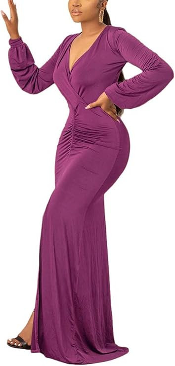 Amazon.com: Womens Maxi Dress Sexy Elegant Lantern Sleeve Deep V Neck Slimming Long Ruched Bodyco... | Amazon (US)