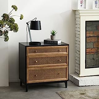 LONYKE Mid Century Nightstand Assembled, 3 Cane Drawers Wood Nightstand, Boho Rattan End Table wi... | Amazon (US)