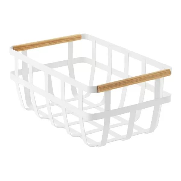 Yamazaki Tosca Basket w/ Wooden Handles White/Natural | The Container Store