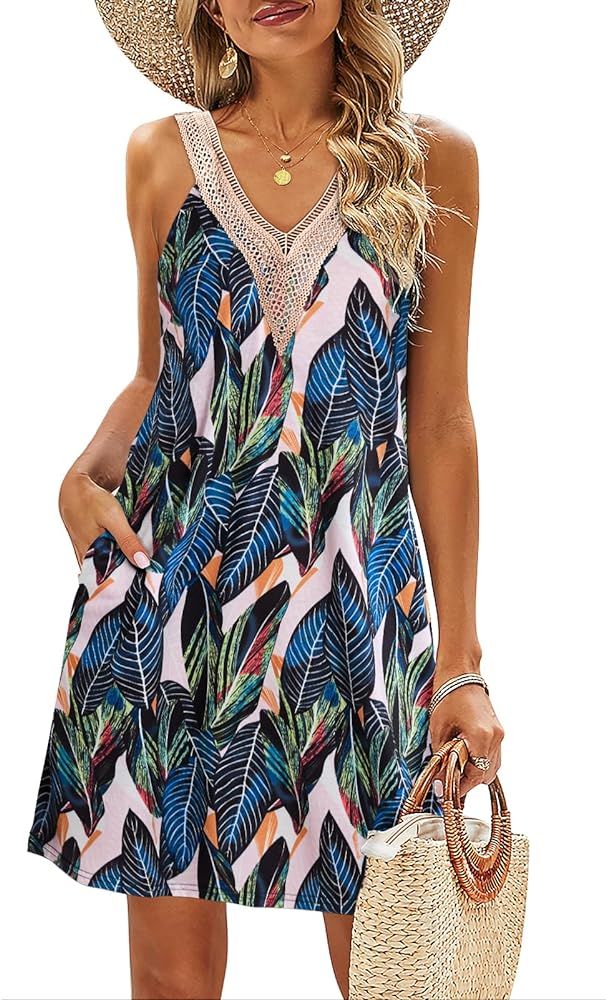 SimpleFun Summer Dresses for Women Beach Lace V-Neck Sundresses Casual Tropical Print Sleeveless ... | Amazon (US)
