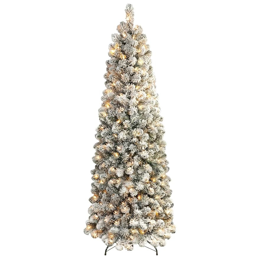 SHareconn 7.5ft Prelit Snow Flocked Artificial Hinged Slim Pencil Christmas Tree with Warm White ... | Amazon (US)