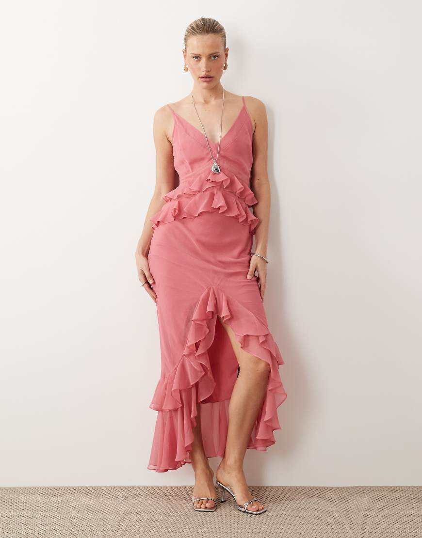 ASOS DESIGN ruffle column cami maxi dress in pink | ASOS (Global)