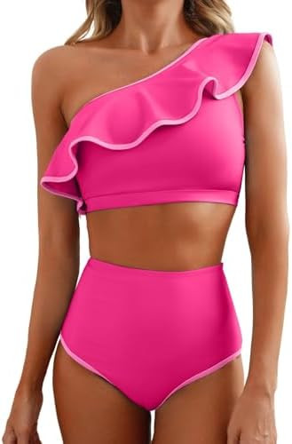 Women's One Shoulder Bikini Sets Color Block Trim Ruffle Hem Swimsuits Elegant Bathing Suits | Amazon (US)