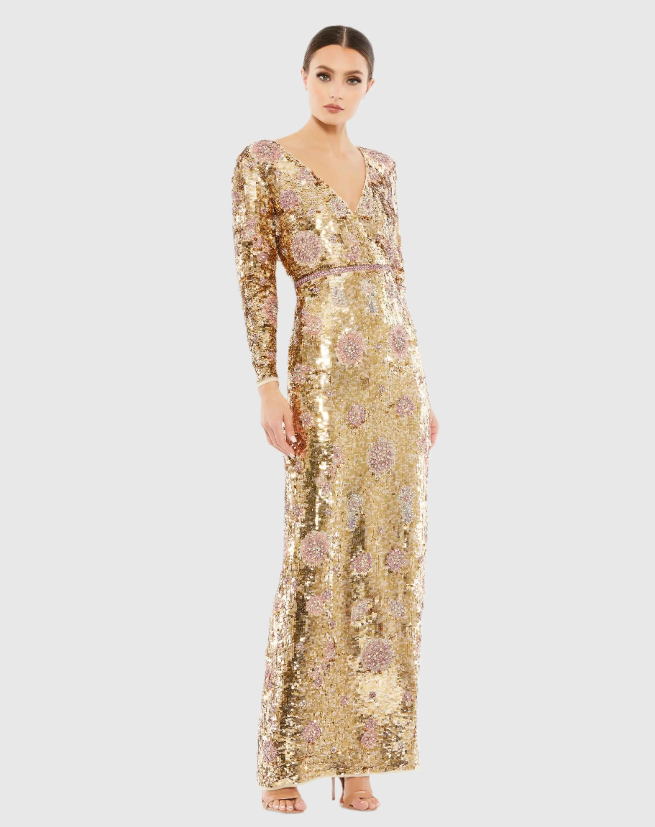 Embellished Wrap Over Long Sleeve Column Gown | Mac Duggal