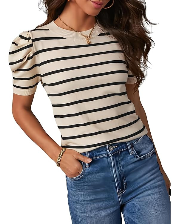 Dokotoo Women's Short Puff Sleeve Knit Tops 2025 Trendy Crewneck Striped T Shirts Casual Summer B... | Amazon (US)