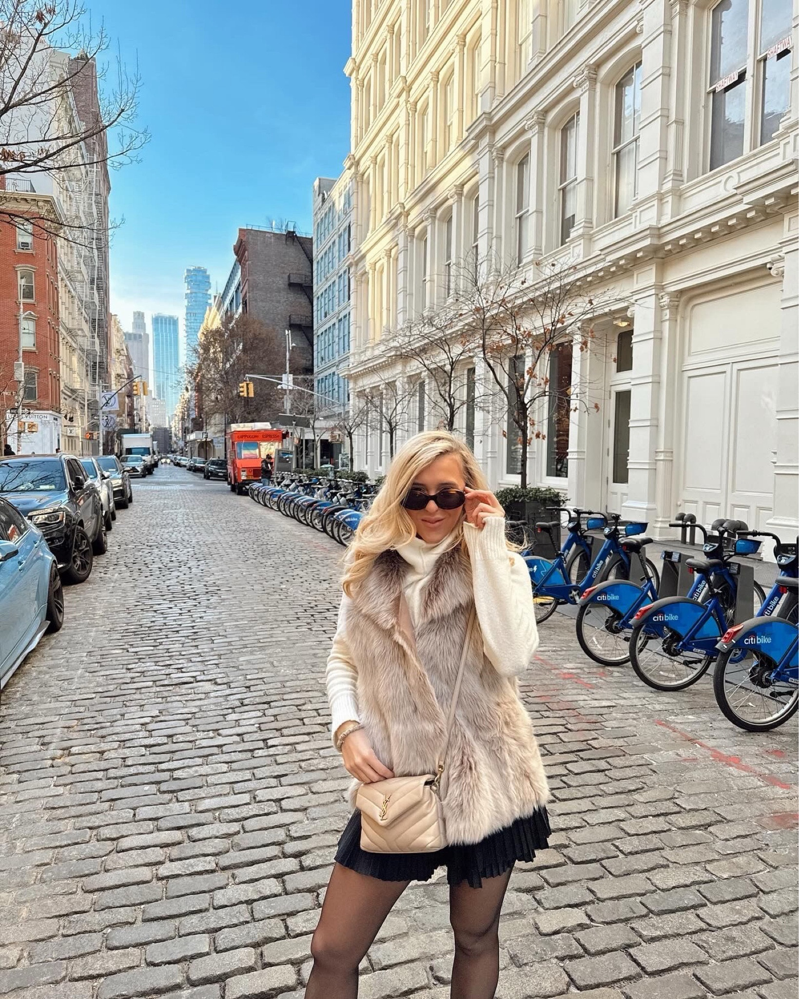 Fairfax and favour fur gilet / Celine sunglasses / all saints roll neck turtle neck - lulu lemon / mango black pleated skirt - amazon tights - ysl toy loulou bag

#LTKstyletip #LTKSeasonal #LTKeurope
