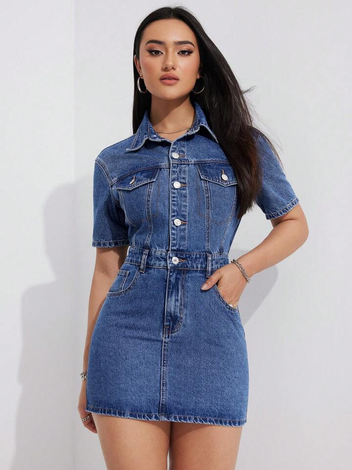 SHEIN EZwear Short Sleeve Denim Button Front Dress For Women | SHEIN