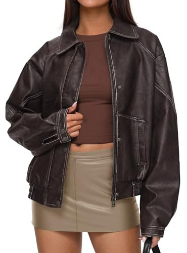 PRETTYGARDEN Leather Jacket Women Faux Oversized Coat,Dark Brown,M | Amazon (US)