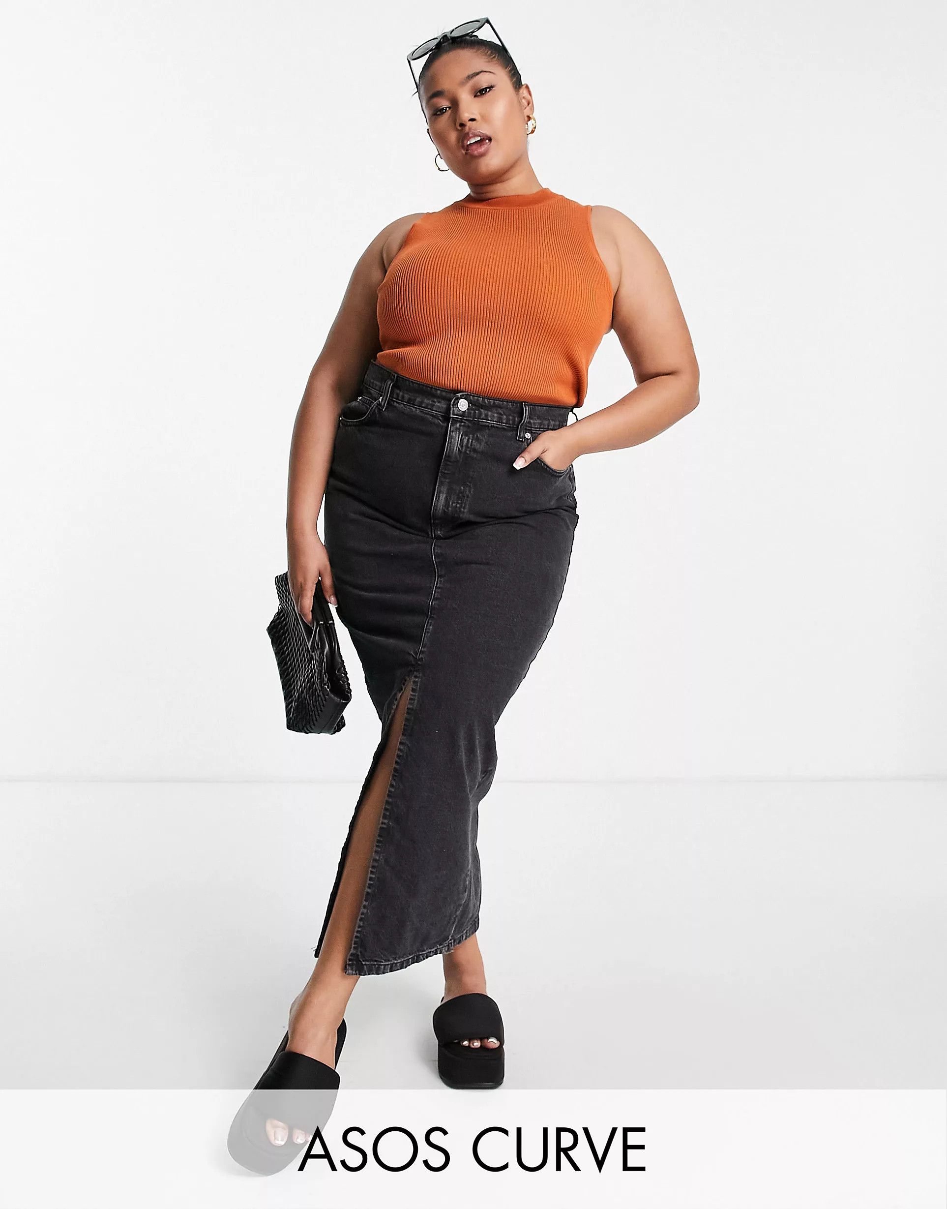 ASOS DESIGN Curve denim '90s' maxi skirt in washed black - BLACK | ASOS (Global)