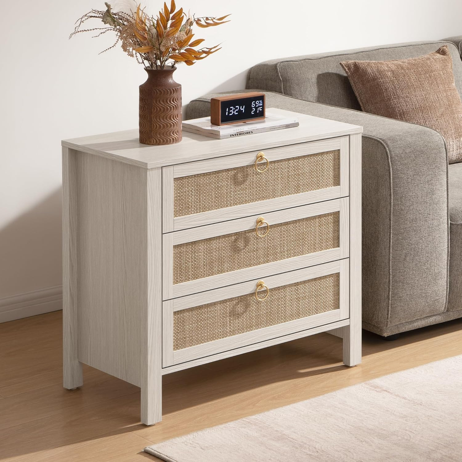 SICOTAS White Rattan Nightstand with 3 Drawers, Large Boho Bedside Table | Amazon (US)