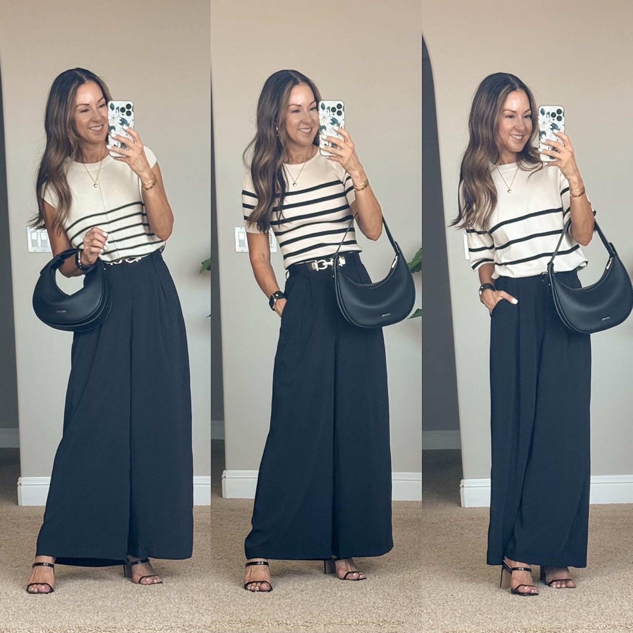 Teacher Outfit Looks 

I am wearing a S in all tops, wide leg trousers are XS Short, heels 7 - TTS! 

teacher outfit  office outfit  black pants  wide leg pants  petite  lookbook  style tips  stripe sweater  neutral fashion EverydayHolly

#LTKstyletip #LTKover40 #LTKSeasonal