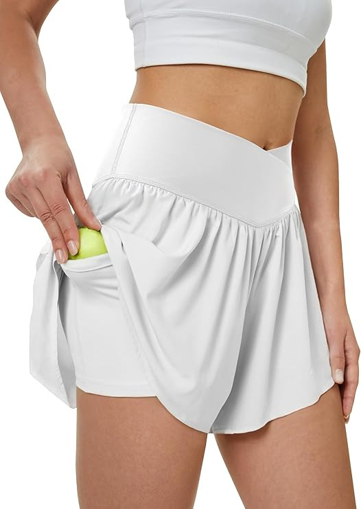 Women's Athletic Running Shorts with Pockets Crossover Butterfly Flowy Shorts Cute Summer Skorts | Amazon (US)