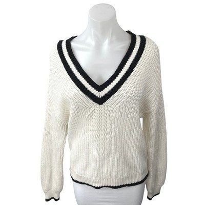 Abercrombie & Fitch White Black Striped V Neck Knit Pullover Sweater Top Size S | eBay US