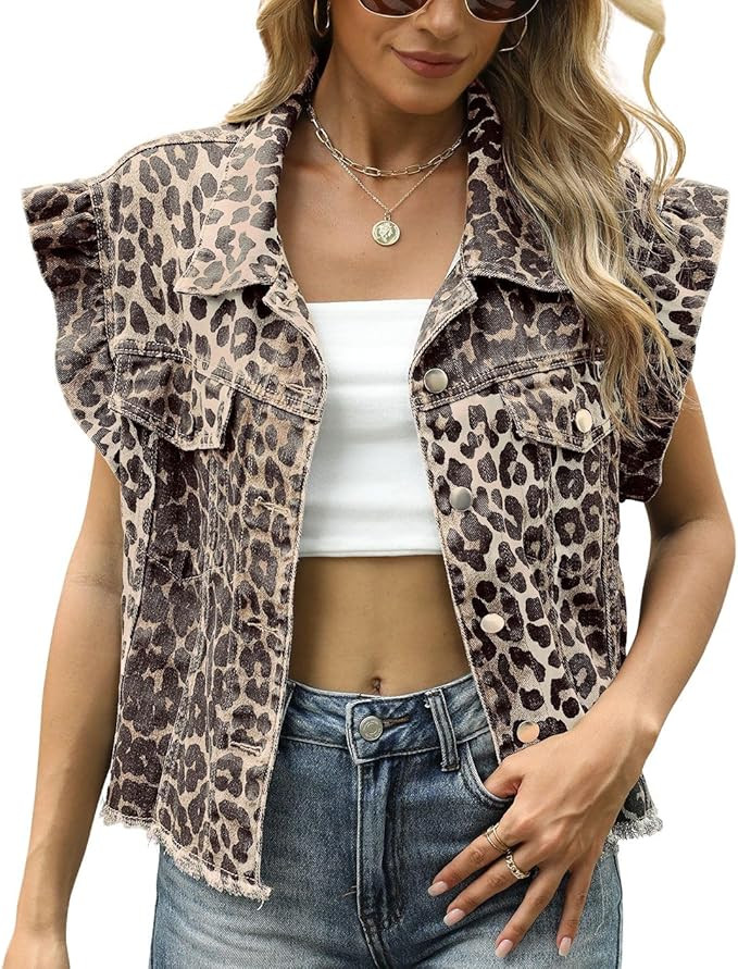 chouyatou Women's Button Down Ruffle Sleeveless Denim Jacket Leopard Print Distressed Jean Short ... | Amazon (US)