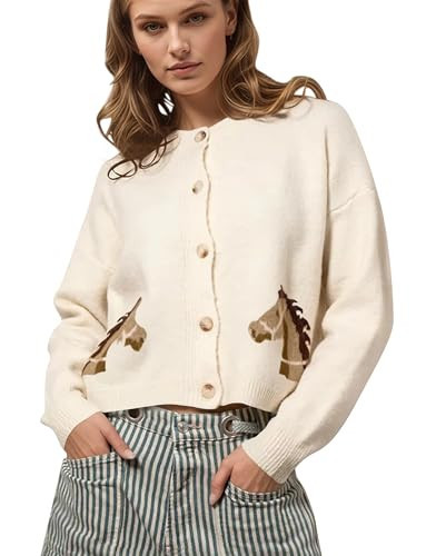 AIHUKOCY Women Horse Graphic Printed Button Down Crop Sweater Cardigan Long Sleeve Crew Neck Knit Casual Cropped Cardigans Apricot | Amazon (US)