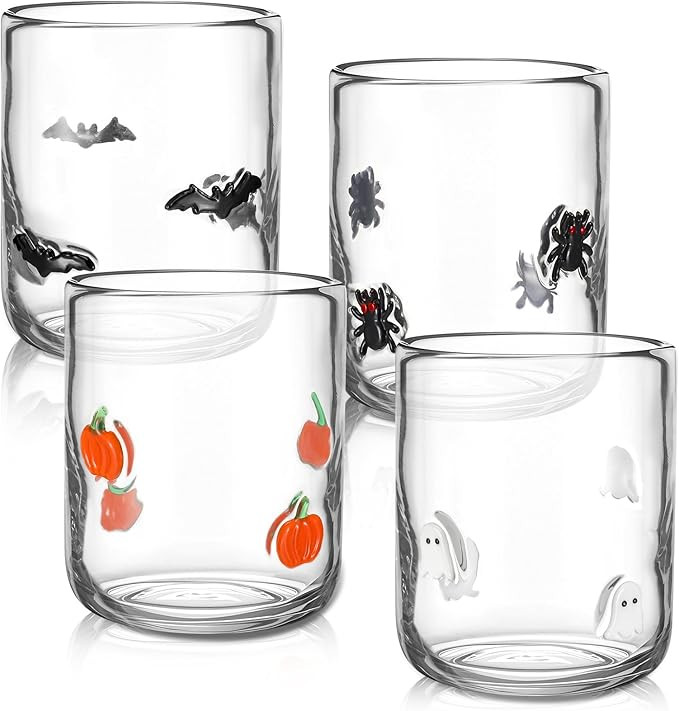 Skylety 4 Pcs Halloween Icon Glass Cups Set - 14oz Pumpkin Spider Bat Ghost Stemless Wine Glasses... | Amazon (US)