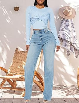BessCops Straight Leg Jeans for Women High Waisted Wide Leg Stretchy Loose Denim Pants | Amazon (US)