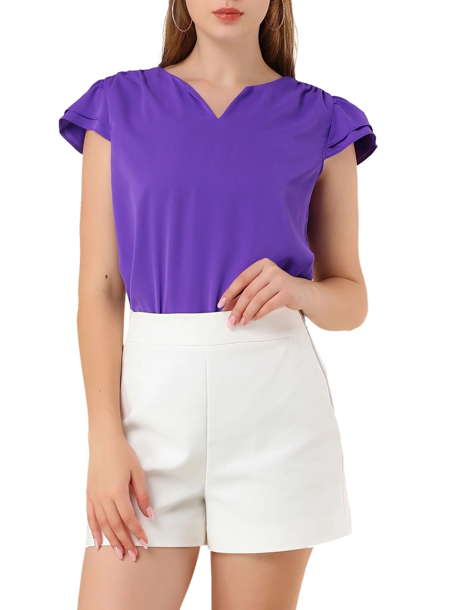 Unique Bargains Women's V Neck Casual Solid Cap Short Sleeve Blouse Top - Walmart.com | Walmart (US)