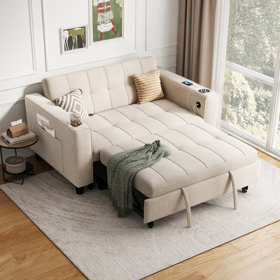 3-in-1 Convertible Sofa Bed, 54" Pull Out Sleeper Sofa with Charging Station & Cup Holder | Target