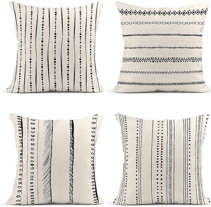 ArtSocket Set of 4 Throw Pillow Covers Pattern Black and White Boho Bohemian Geometric Dots Lines... | Amazon (US)