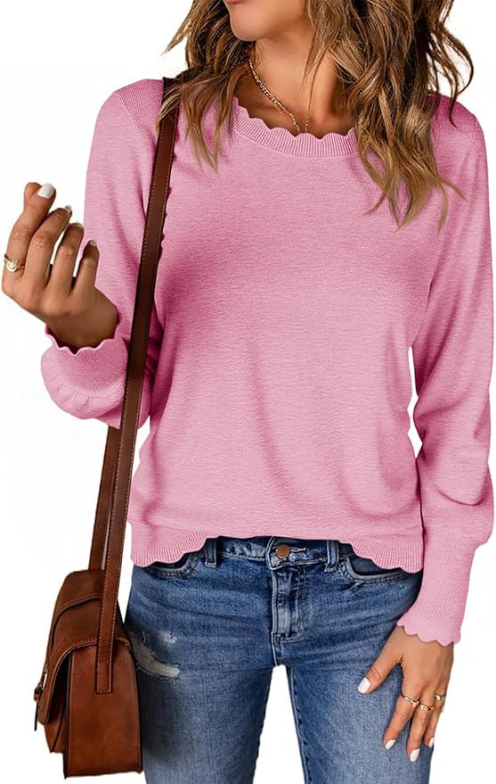 Cicy Bell Womens Crew Neck Long Sleeve Sweater Trendy Casual Scallop Trim Fall Knit Lightweight P... | Amazon (US)