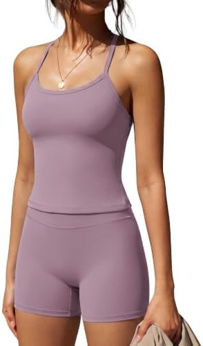 SUUKSESS Women 2 Piece Workout Sets High Waisted Tummy Control Biker Shorts Halter Padded Tank To... | Amazon (US)