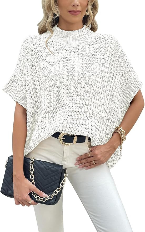 Pink Queen Women's 2023 Fall Mock Neck Sweater Vest Batwing Short Sleeve Oversized Chunky Knit Pu... | Amazon (US)