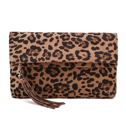 Charming Tailor Leopard Clutch Bag for Women Tassel Foldover Clutch Faux Suede Dressy Purse for D... | Amazon (US)