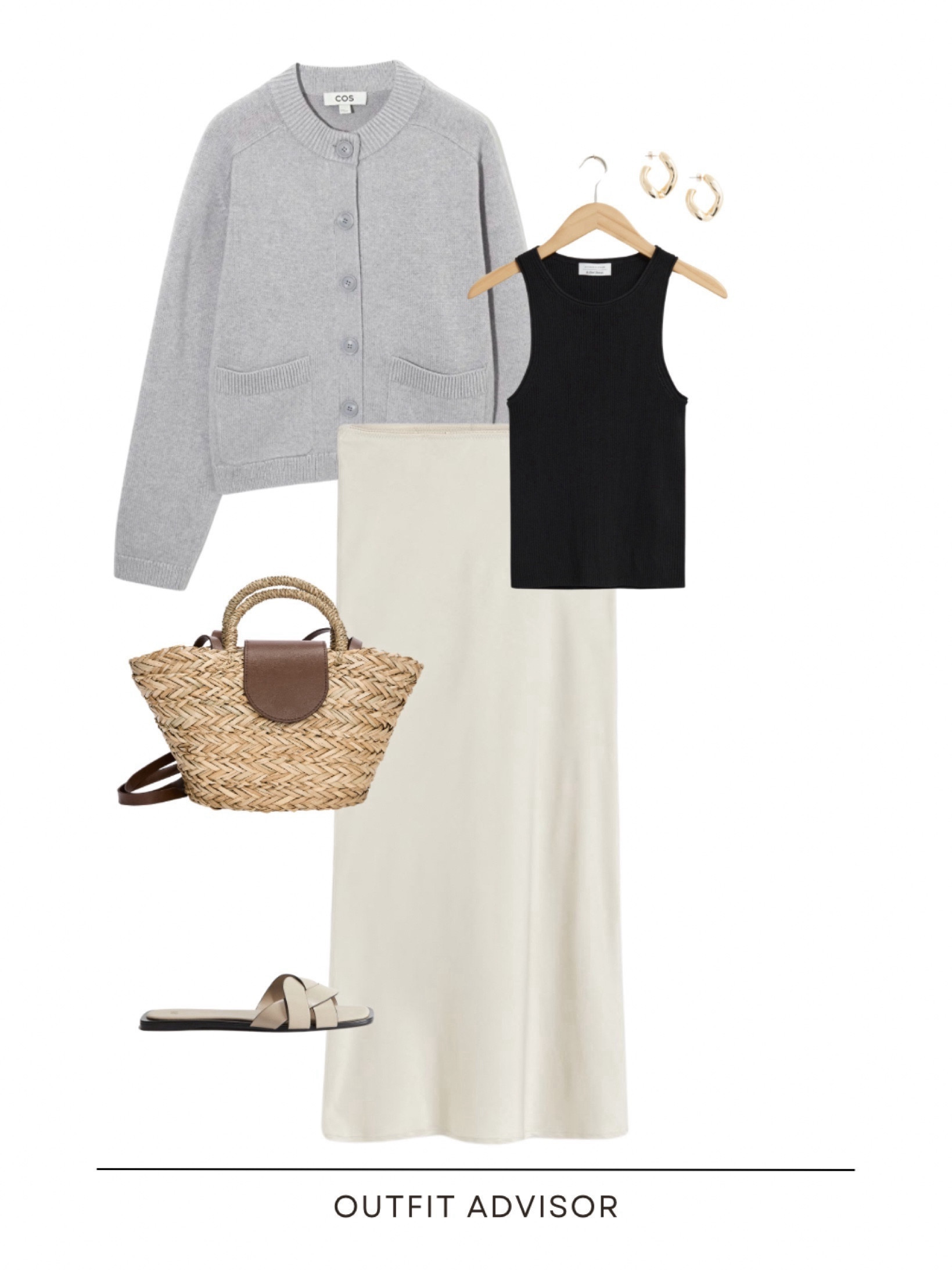 Cute spring outfit: a grey cardigan, black tank top, sandals, a cream midi skirt, basket bag and gold earrings 

#LTKstyletip #LTKSeasonal #LTKmidsize