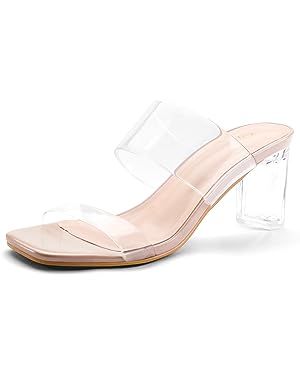 mysoft Clear Heels for Women Transparent Two Strap Block Chunky Square Heel Sandals Open Toe Slip... | Amazon (US)