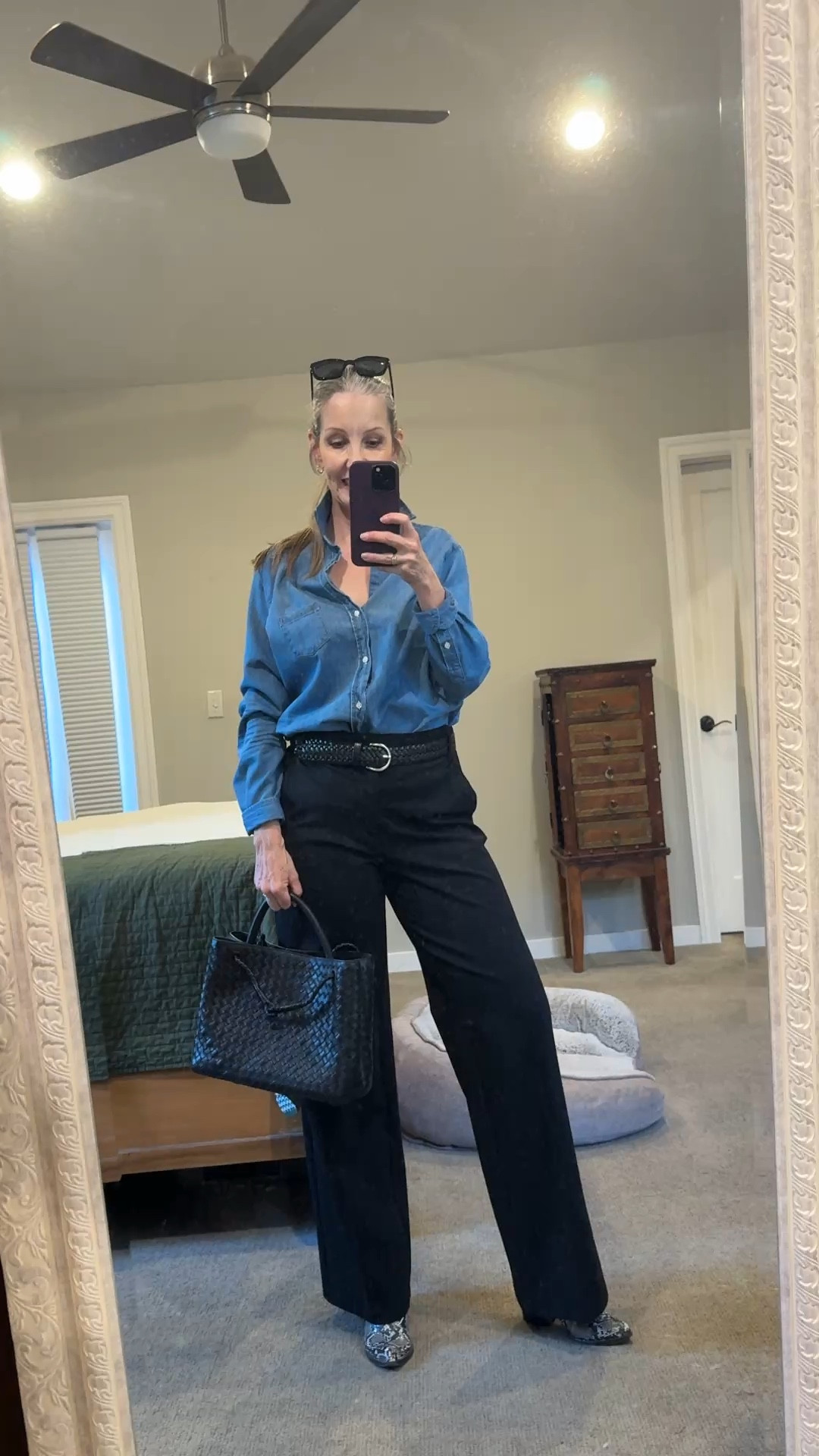 Wear to work look. #classicstyle #effortlessstyle #workootd #denimshirt #blacktrousers #braidedbelt #styleover40 #styleover50

#LTKMidsize #LTKWorkwear #LTKOver40