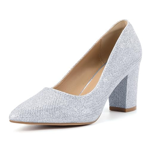 IDIFU Women's Silver Glitter 9.5 Pumps: Closed Toe, Block Heel, Chunky Heels, Wedding, Office, Work, Party Shoes | Amazon (US)
