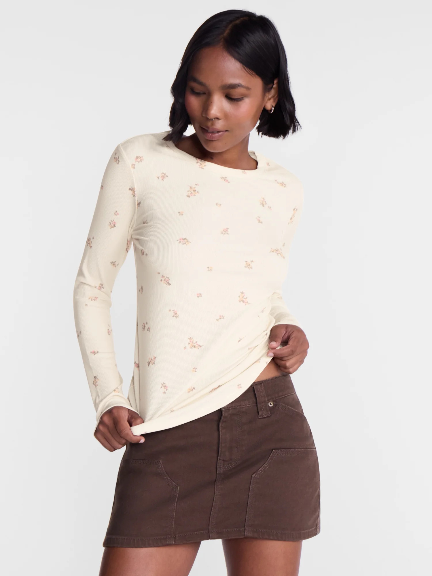 No Boundaries Ribbed Crewneck Tee with Long Sleeves, Women's & Women's Plus XXS-4X - Walmart.com | Walmart (US)