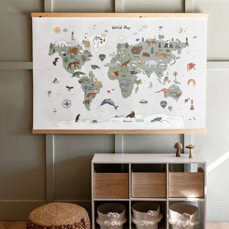 Kids Animal Themed Map Canvas Hanging Kids Room Map World - Etsy | Etsy (US)