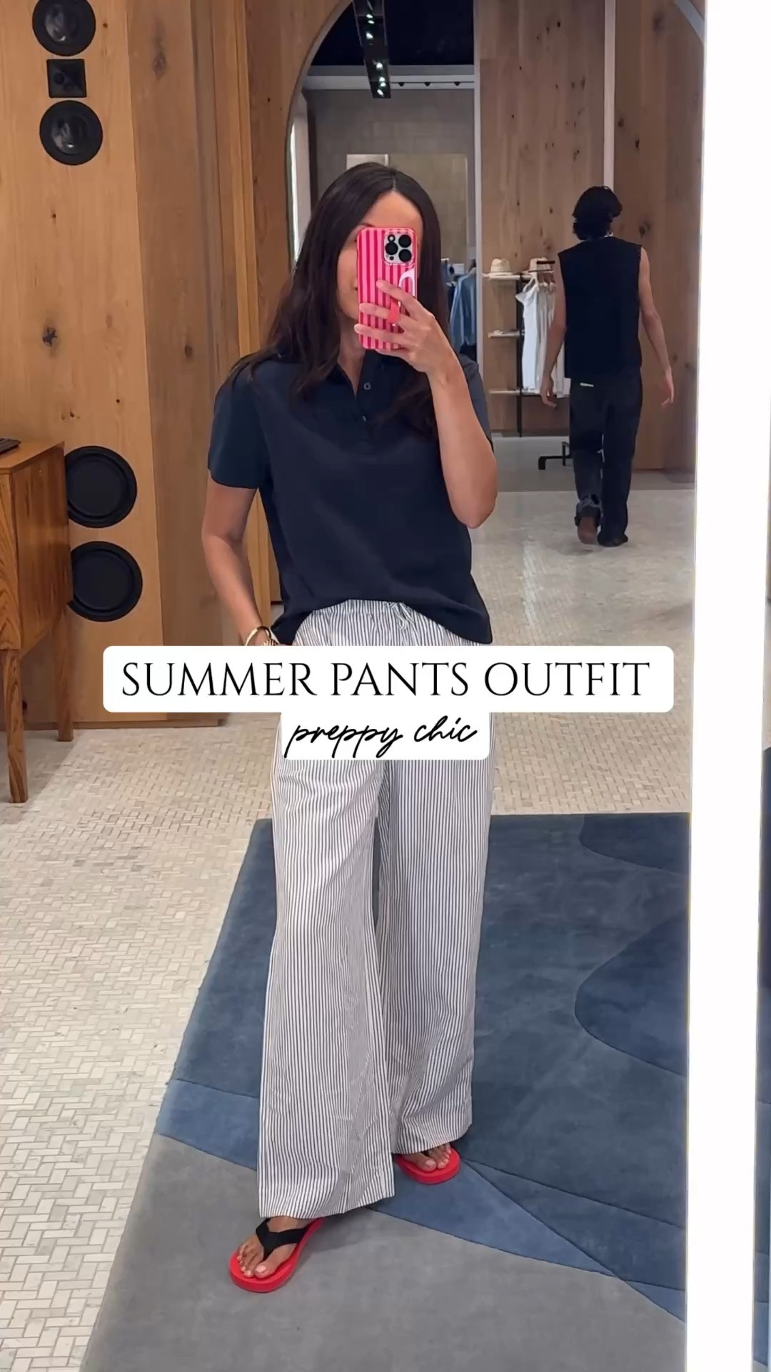 Summer pants outfit. Preppy chic. 
Polo shirt is a nice all cotton top. Double knit fabric is very soft and has structure to it. True to size. Navy color is chic. 
Striped wide leg linen blend pants look so cute!  True to size. Nice material with good drape. Flattering fit and stylish cut. 
Red flip flops.

#LTKOver40 #LTKootd