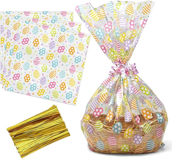 Large Easter Cellophane Basket Bags 10 Pack, Clear Treat Wrap Bags 24 x 30 Inch with Colorful Egg... | Amazon (US)