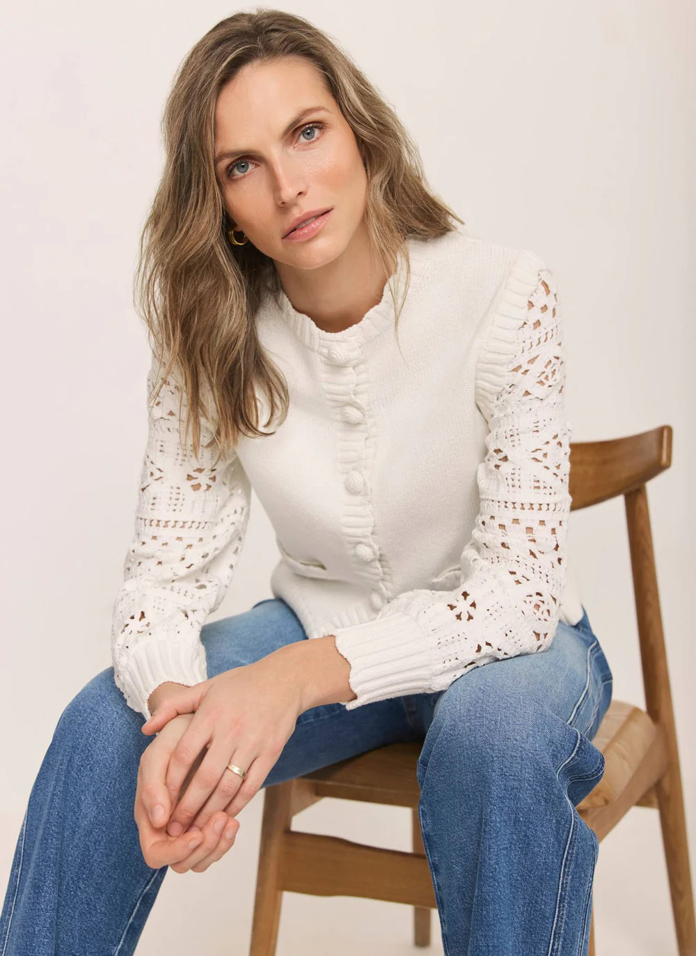 Cream Cotton Blend Crochet Cardigan | Mint Velvet