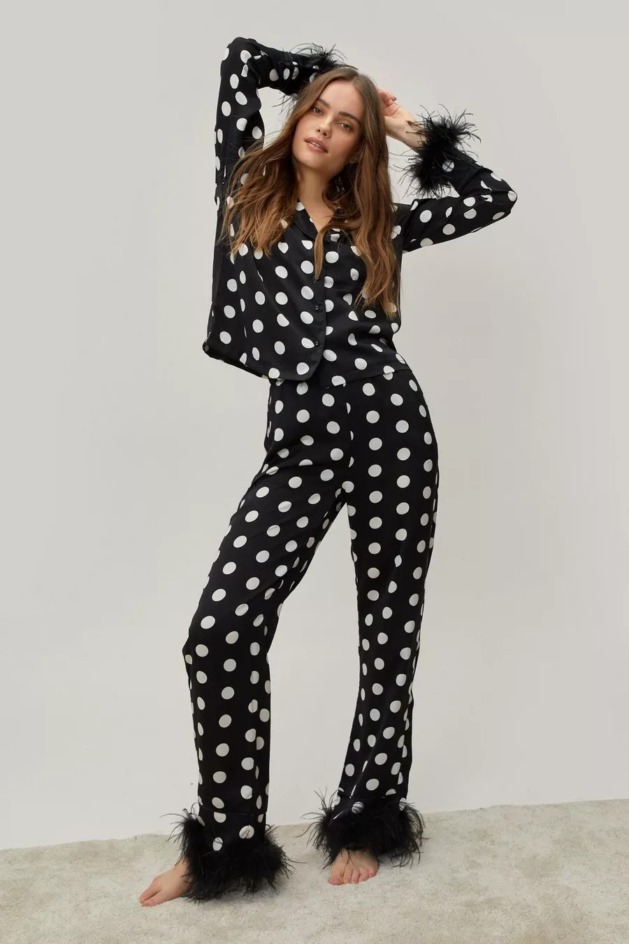 Polka Dot Feather Trim Shirt & Pants Pajama Set | Nasty Gal US