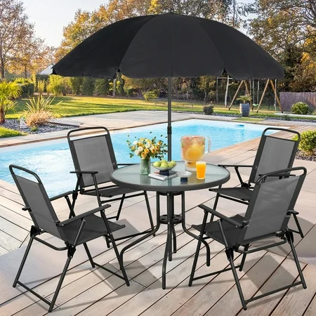 Walsunny 6 Piece Patio Furniture Set with Umbrella, Outdoor Patio Dining Set with 4 Folding Chairs and Tempered Glass Dining Table, Black | Walmart (US)