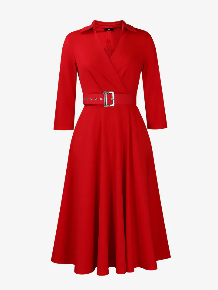 Solic Color Lapel 3/4 Sleeves Belted Midi A-Line Dress | allegra-k