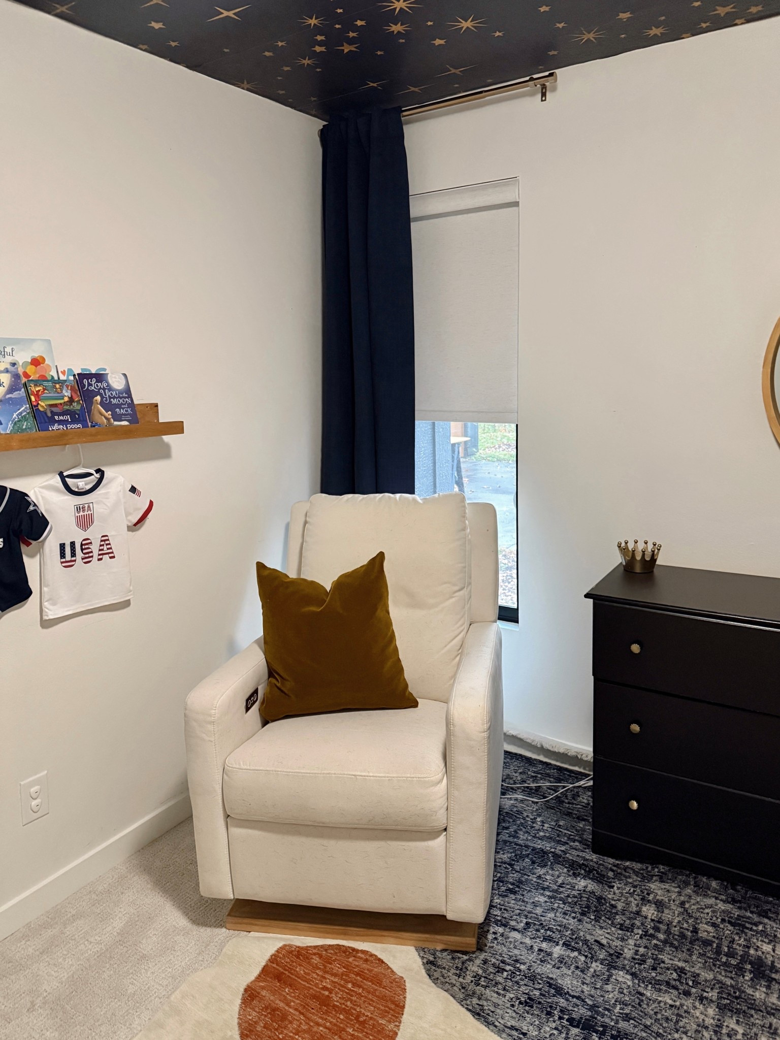 Corner of my son’s nursery/kids room. Power recliner, velvet throw pillow, linen blackout curtain, amazon window shade, playful area rug. 

#LTKHome #LTKBaby #LTKKids