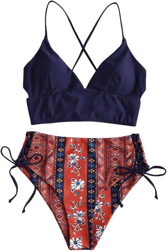 ZAFUL Women's V Neck Tankini Set, Red White and Blue Swimsuit Bikini Swimsuit Amazon Bikini 2024 | Amazon (US)