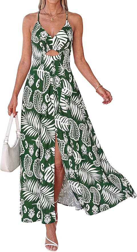 BTFBM Summer Dresses for Women 2026 Spring Floral Spaghetti Strap Smocked Cutout Maxi Dress Resor... | Amazon (US)